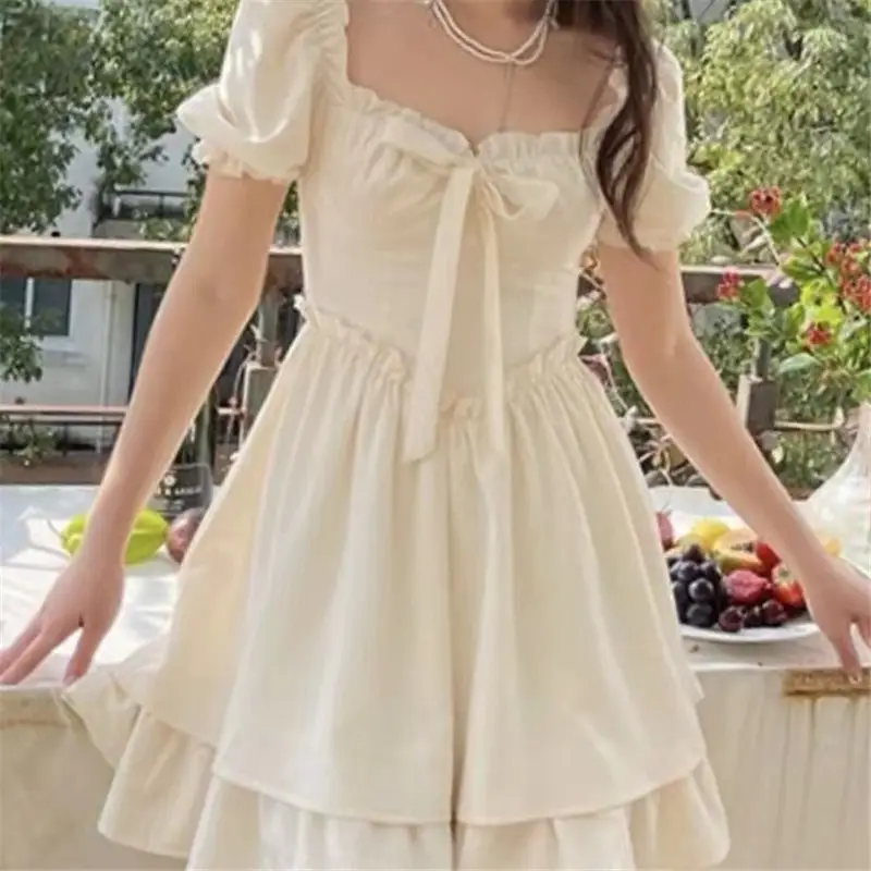 Women Square Neck Puff Sleeve Skirt Dress White 2024