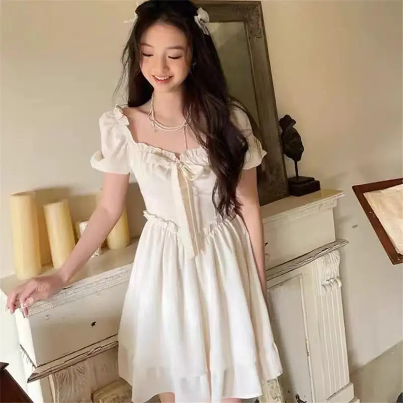 Women Square Neck Puff Sleeve Skirt Dress White 2024