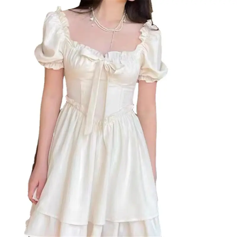 Women Square Neck Puff Sleeve Skirt Dress White 2024