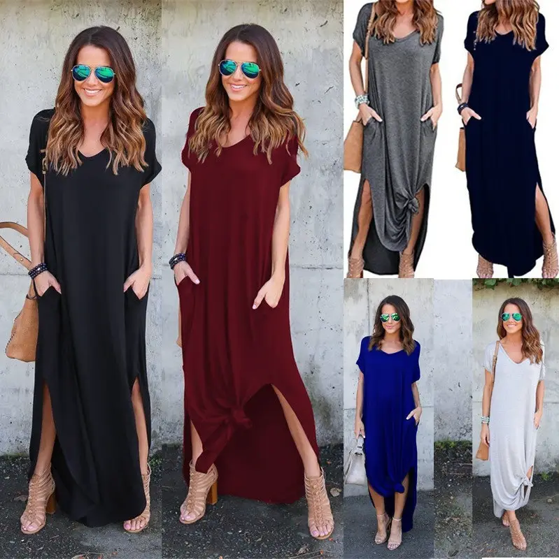 Women Olive Green Slit Long Dress Short Sleeve V Neck - Image 12