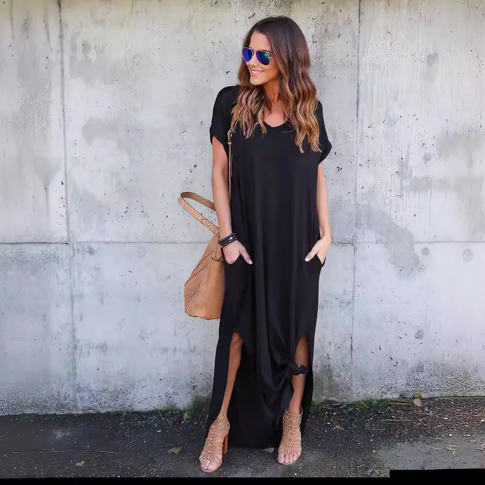 Women Olive Green Slit Long Dress Short Sleeve V Neck - Image 13