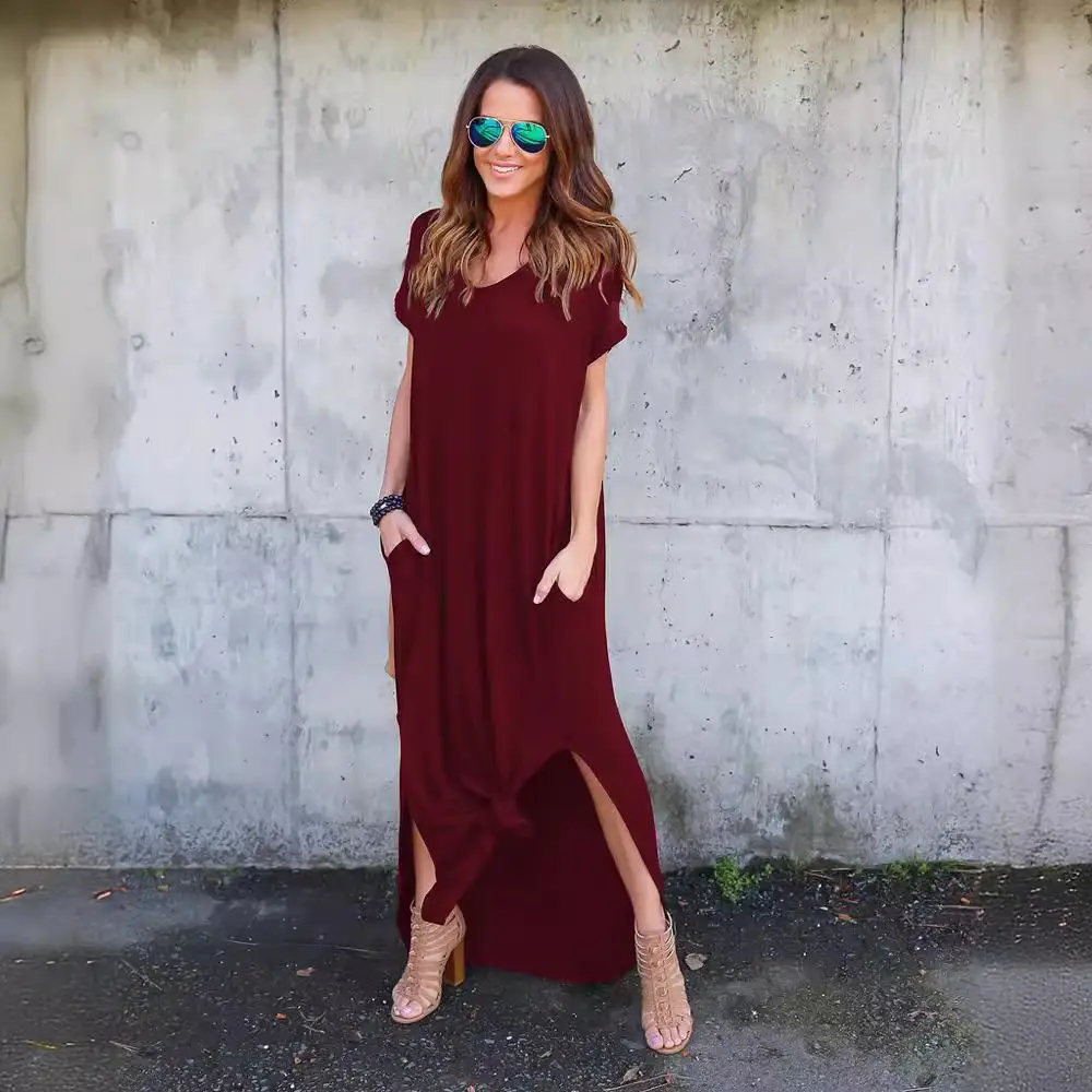 Women Olive Green Slit Long Dress Short Sleeve V Neck - Image 14