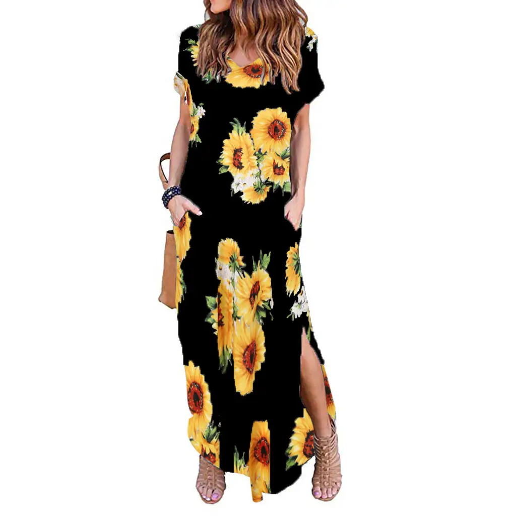 Women Olive Green Slit Long Dress Short Sleeve V Neck - Image 15