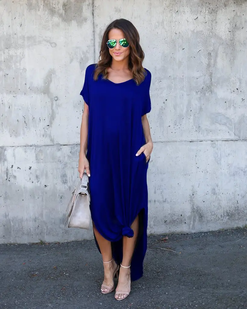 Women Olive Green Slit Long Dress Short Sleeve V Neck - Image 10
