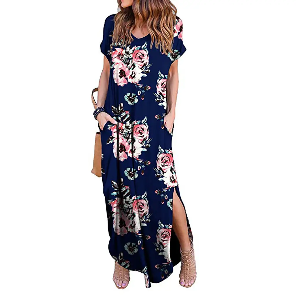 Women Olive Green Slit Long Dress Short Sleeve V Neck - Image 11