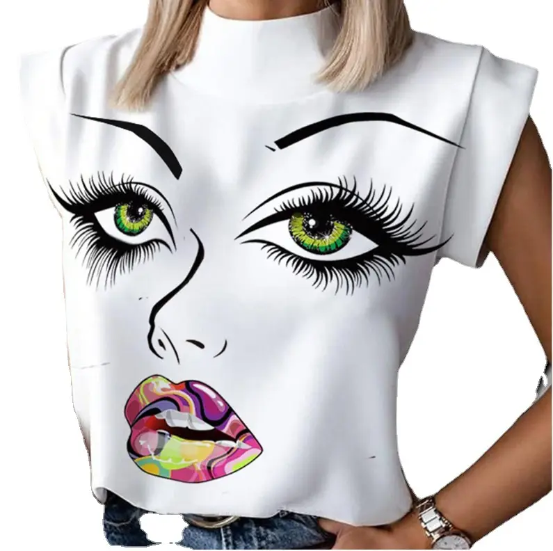 Women's Printed Lip Eye T-Shirt White Sleeveless - Image 9