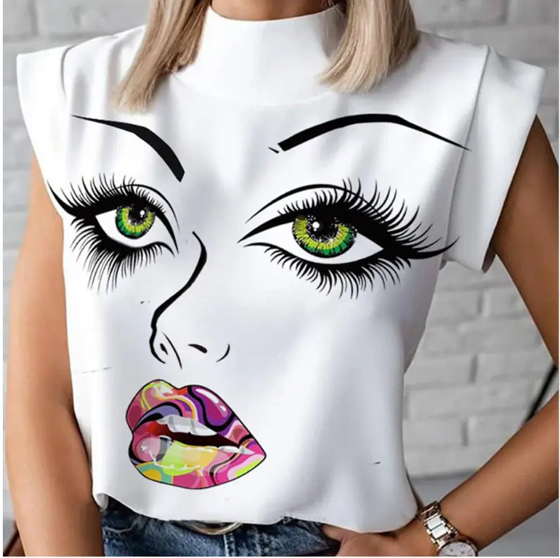 Women's Printed Lip Eye T-Shirt White Sleeveless - Image 2