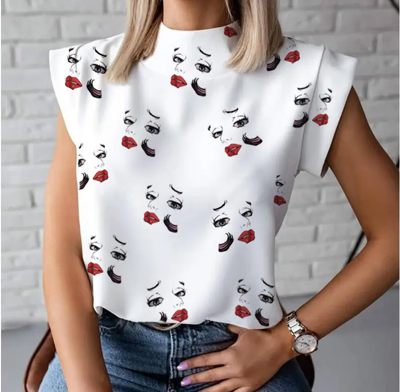 Women's Printed Lip Eye T-Shirt White Sleeveless - Image 4
