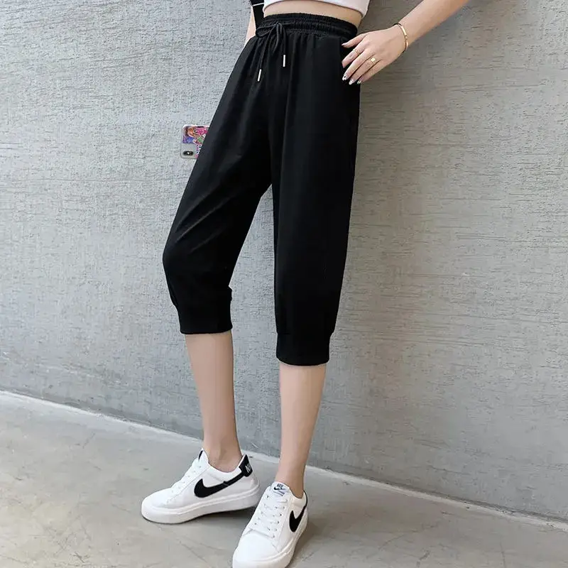 Women Grey Capri Pants Summer Cotton Crop - Image 5