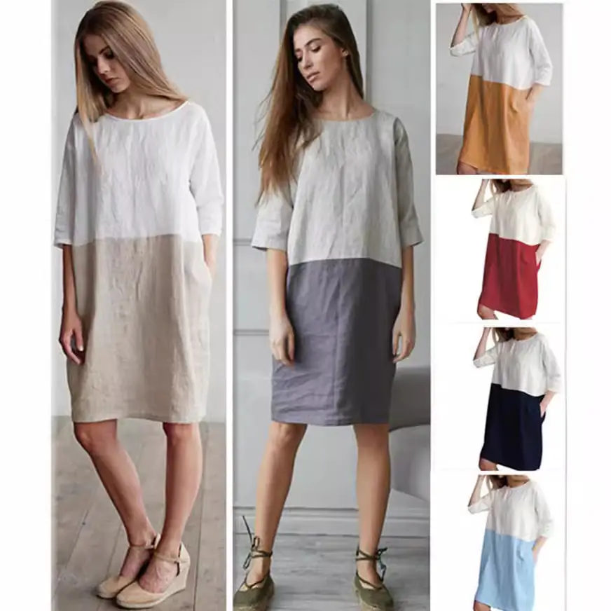 2022 Loose Cotton Linen Stitching Dress Round Neck Seven Point Sleeve Skirt Tunic - Image 8