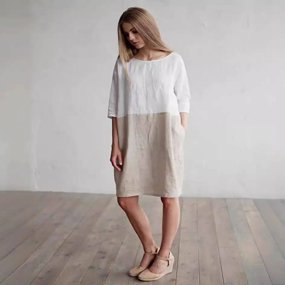 2022 Loose Cotton Linen Stitching Dress Round Neck Seven Point Sleeve Skirt Tunic - Image 9