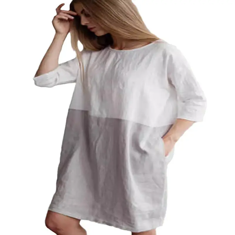 2022 Loose Cotton Linen Stitching Dress Round Neck Seven Point Sleeve Skirt Tunic - Image 10