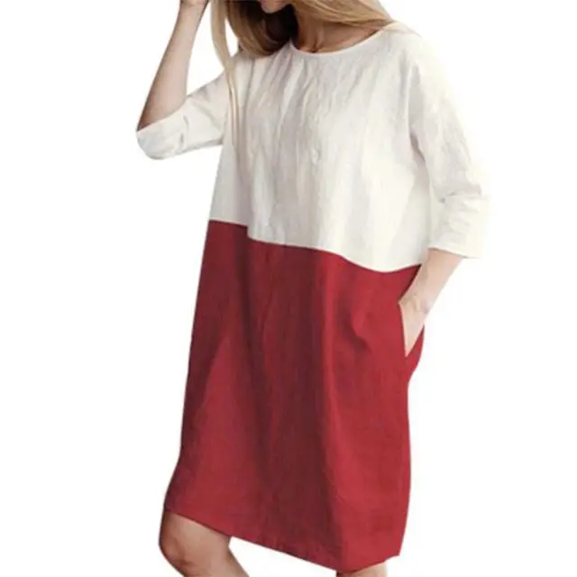 2022 Loose Cotton Linen Stitching Dress Round Neck Seven Point Sleeve Skirt Tunic - Image 2
