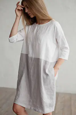 2022 Loose Cotton Linen Stitching Dress Round Neck Seven Point Sleeve Skirt Tunic - Image 3