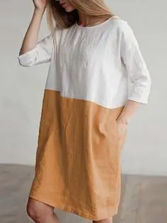 2022 Loose Cotton Linen Stitching Dress Round Neck Seven Point Sleeve Skirt Tunic - Image 4