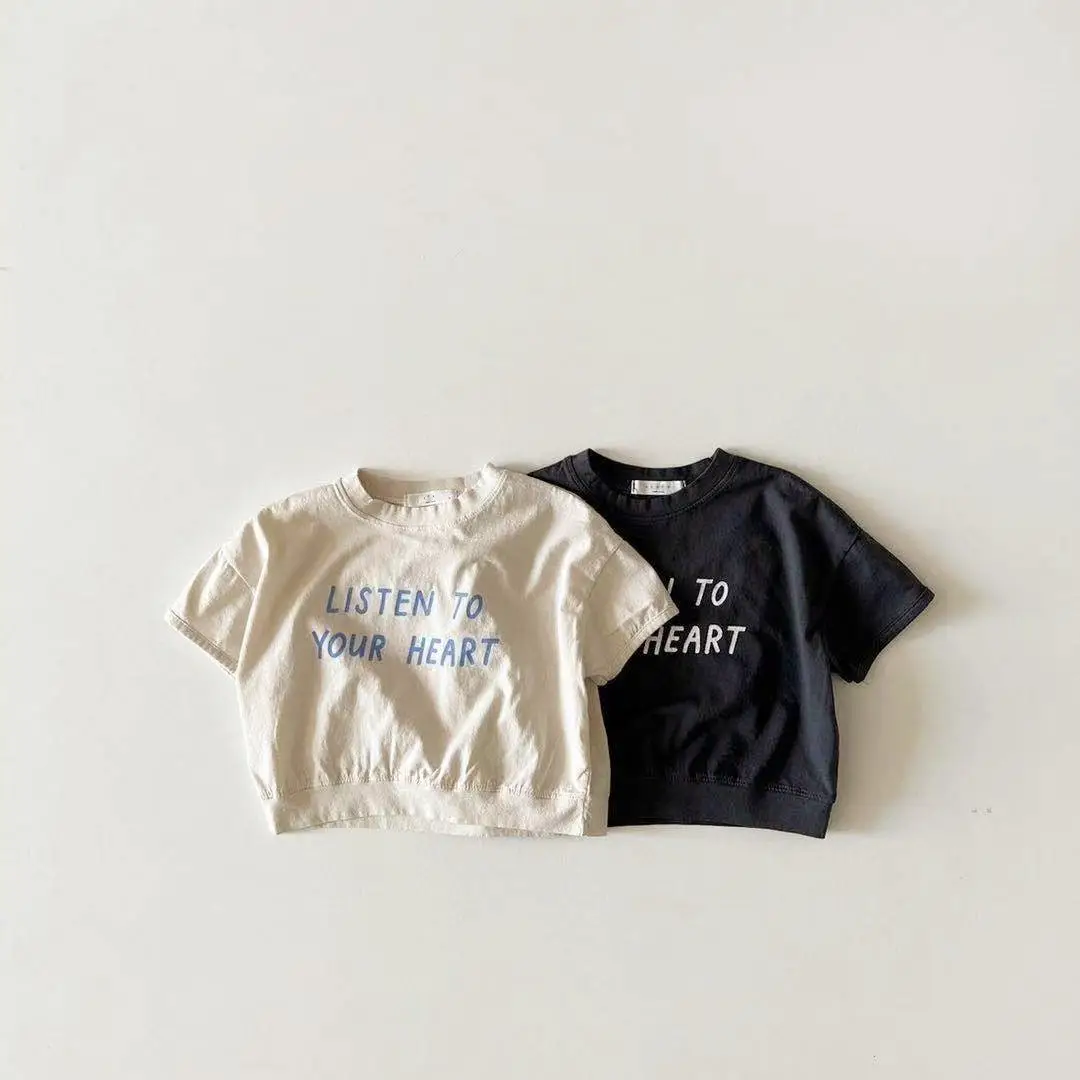 INS Baby Cotton T-Shirt List to Your Heart Beige Black - Image 5