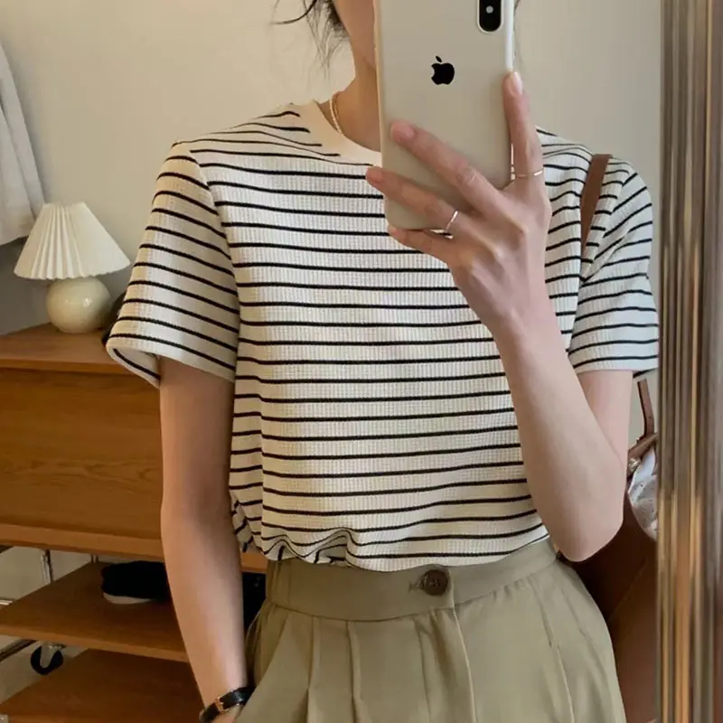 Pure Cotton Waffle Striped Women's T-Shirt - Image 2