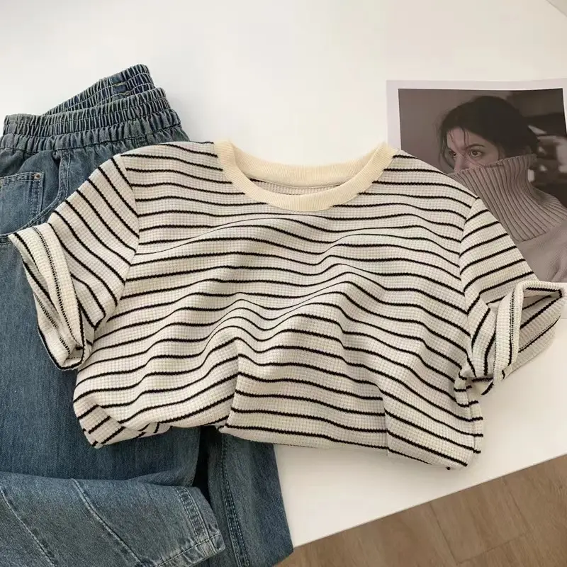 Pure Cotton Waffle Striped Women's T-Shirt - Image 5