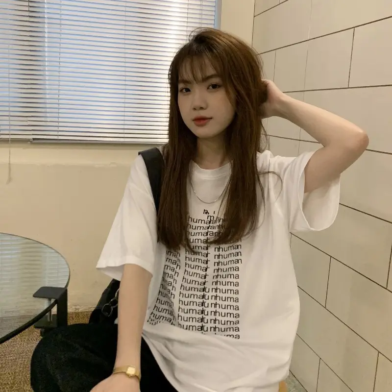 Women Harajuku Letter Print T-Shirt Black Loose Mid Length - Image 4