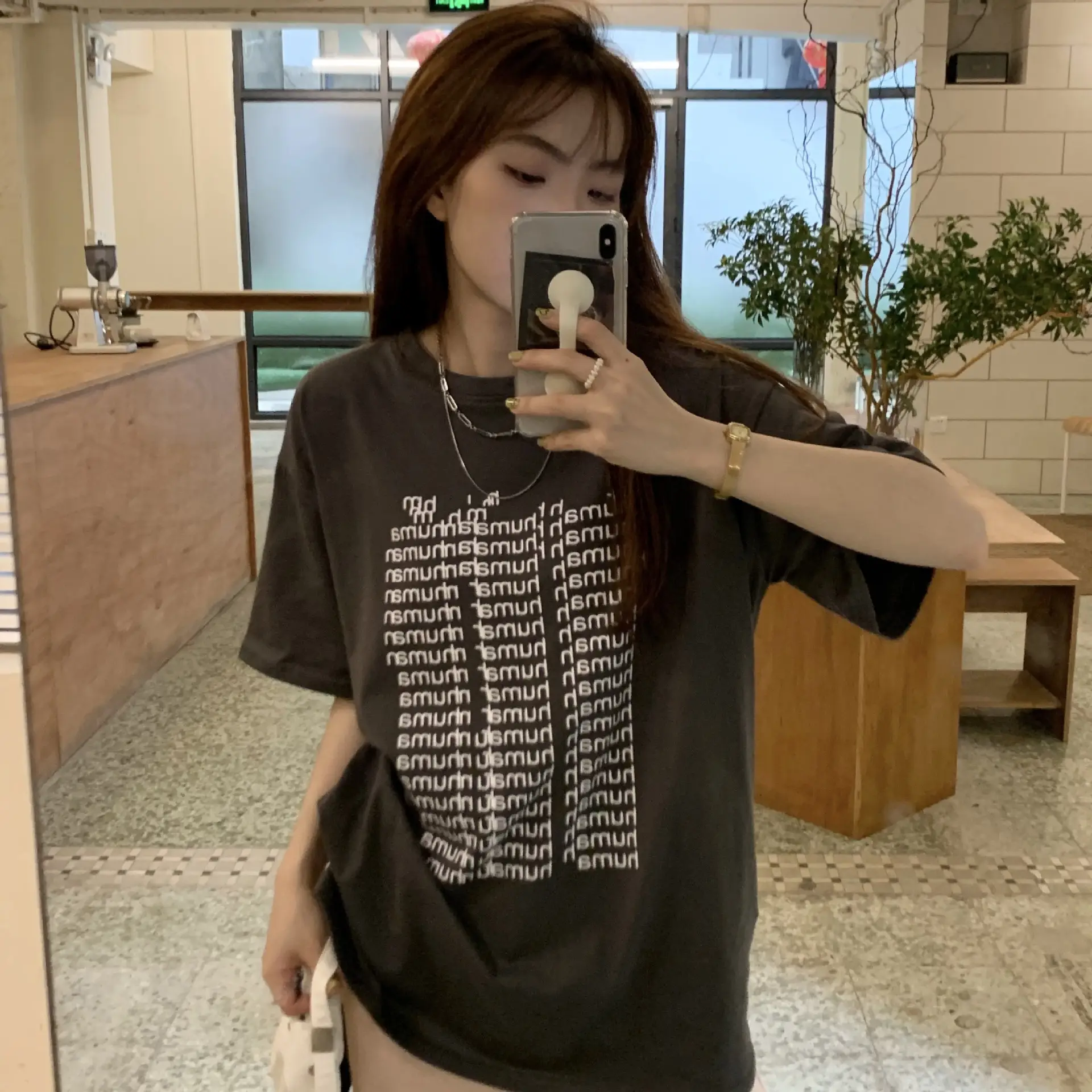 Women Harajuku Letter Print T-Shirt Black Loose Mid Length - Image 5