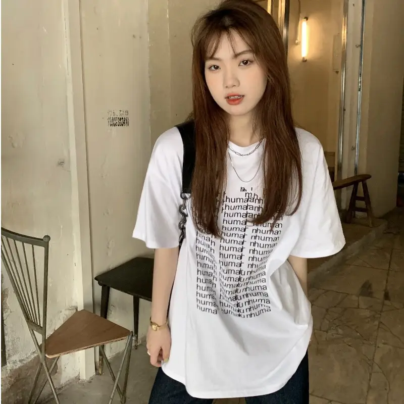 Women Harajuku Letter Print T-Shirt Black Loose Mid Length - Image 6
