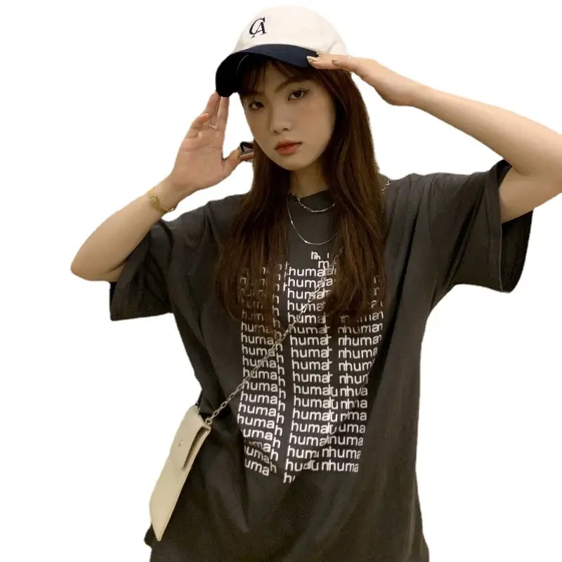 Women Harajuku Letter Print T-Shirt Black Loose Mid Length - Image 7