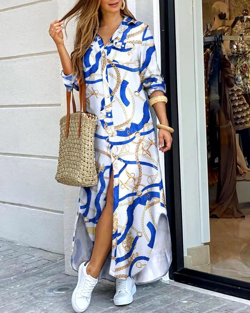Long Sleeve Printed Shirt Dress S-5XL - Image 6
