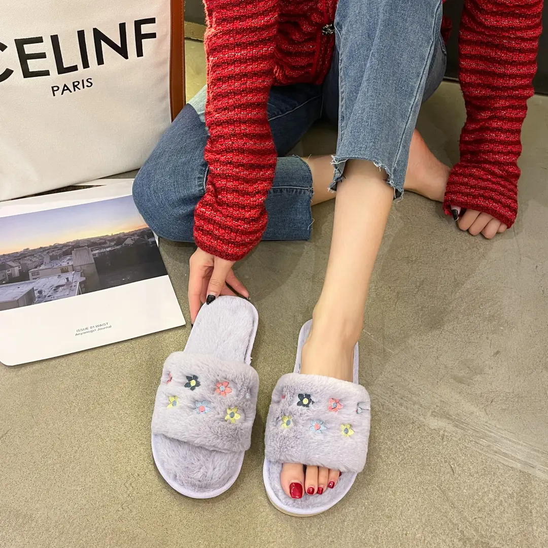 Furry Slippers for Women 2026 Autumn and Winter New Style Home Open-Toe Slippers Embroidered Flowers Warm Cotton Slippers Wholesale