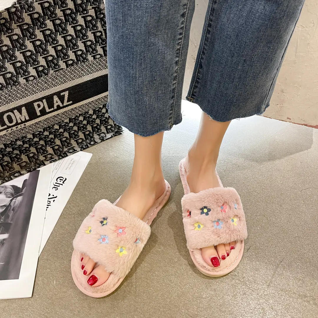 Furry Slippers for Women 2026 Autumn and Winter New Style Home Open-Toe Slippers Embroidered Flowers Warm Cotton Slippers Wholesale