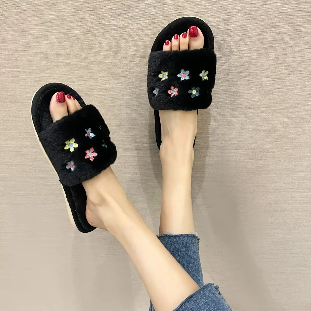 Furry Slippers for Women 2026 Autumn and Winter New Style Home Open-Toe Slippers Embroidered Flowers Warm Cotton Slippers Wholesale