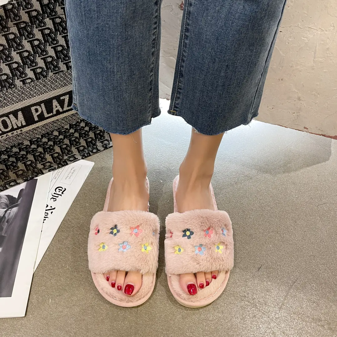 Furry Slippers for Women 2026 Autumn and Winter New Style Home Open-Toe Slippers Embroidered Flowers Warm Cotton Slippers Wholesale