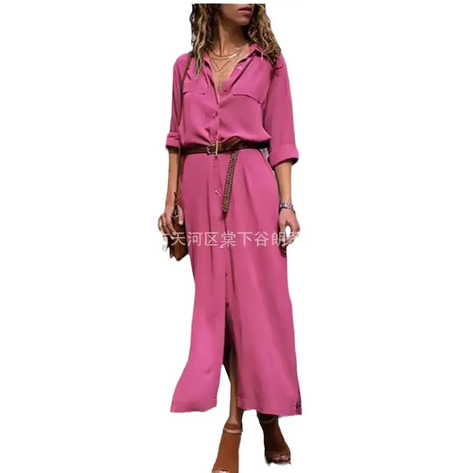 Pink Long Sleeve Split Dress with Belt Belt