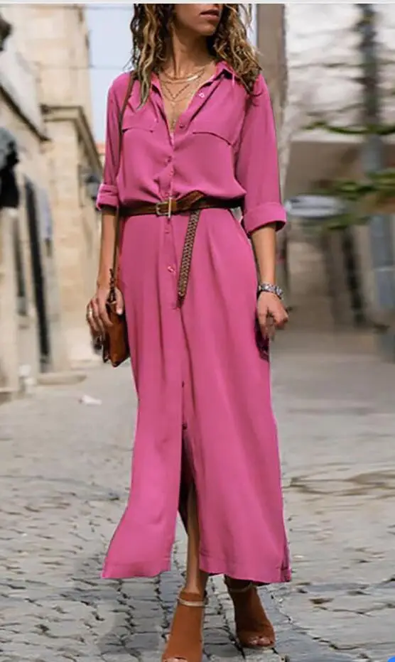 Pink Long Sleeve Split Dress with Belt Belt
