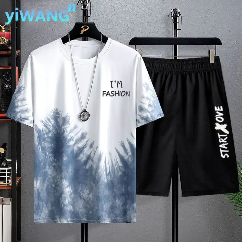 Men Tie Dye Summer Suit Black Shorts 2023