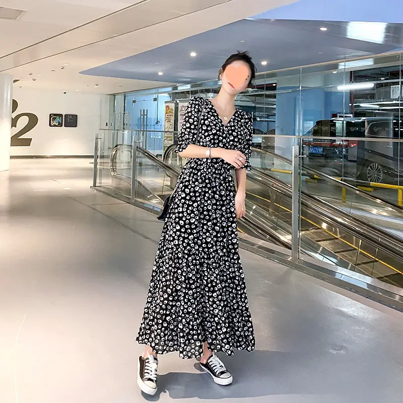 Women's Long Chiffon Polka Dot Dress White High Waist - Image 11
