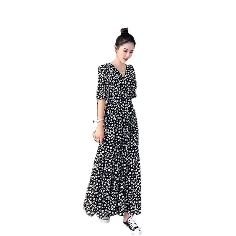 Women's Long Chiffon Polka Dot Dress White High Waist - Image 12