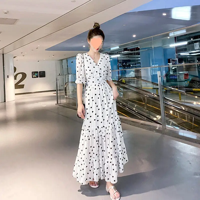 Women's Long Chiffon Polka Dot Dress White High Waist - Image 2