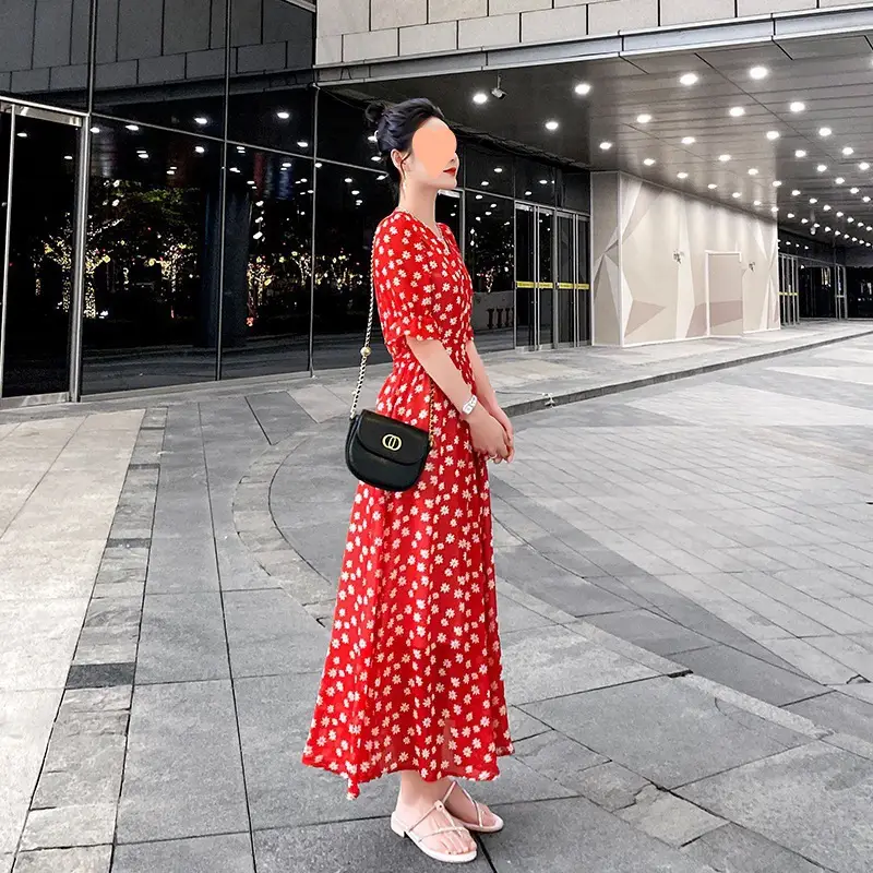 Women's Long Chiffon Polka Dot Dress White High Waist - Image 4