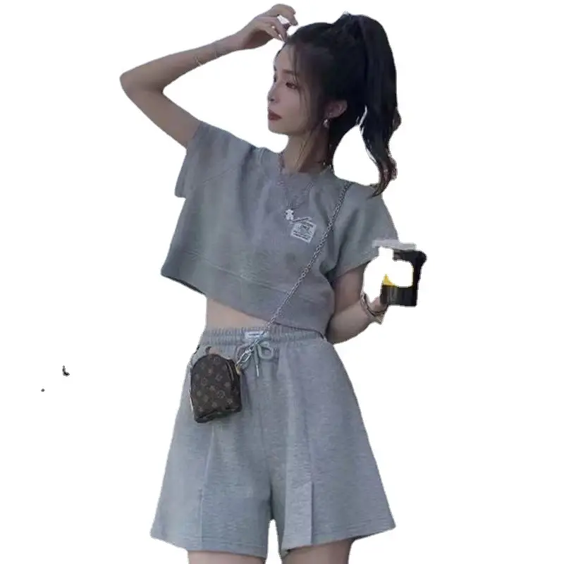 2022 Women's Grey Casual Shorts Set Loose Fit High Waist - Image 8