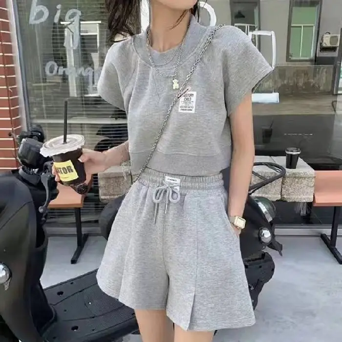 2022 Women's Grey Casual Shorts Set Loose Fit High Waist - Image 2