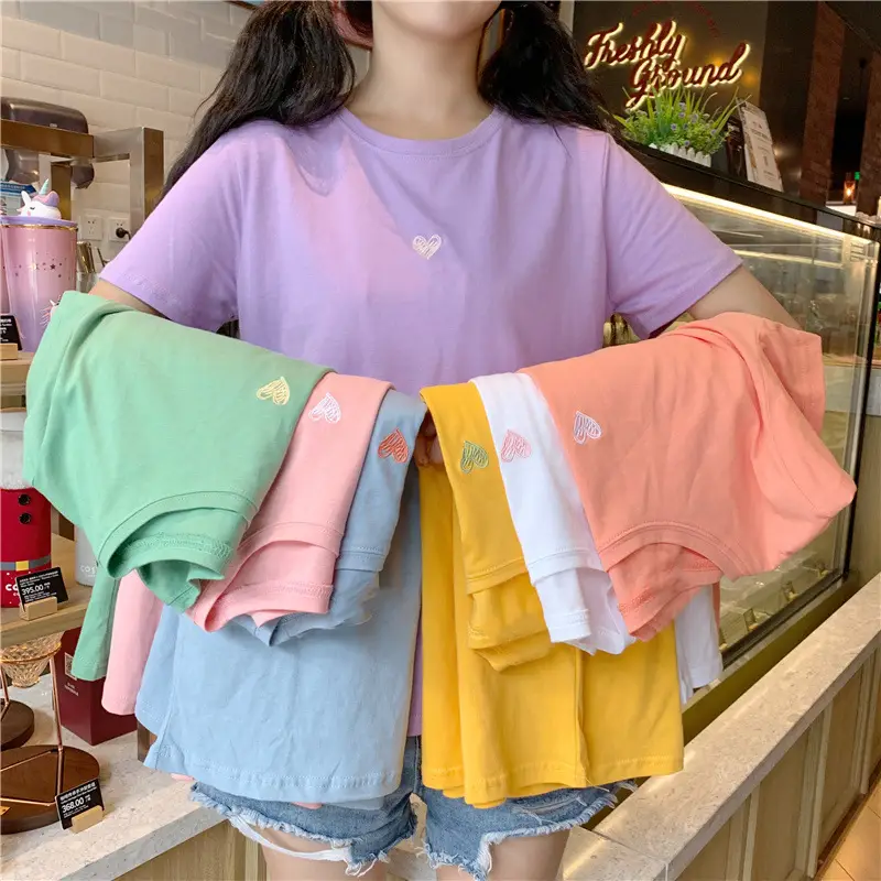 Women Heart Embroidered Light Blue T-Shirt Summer Loose Fit - Image 5