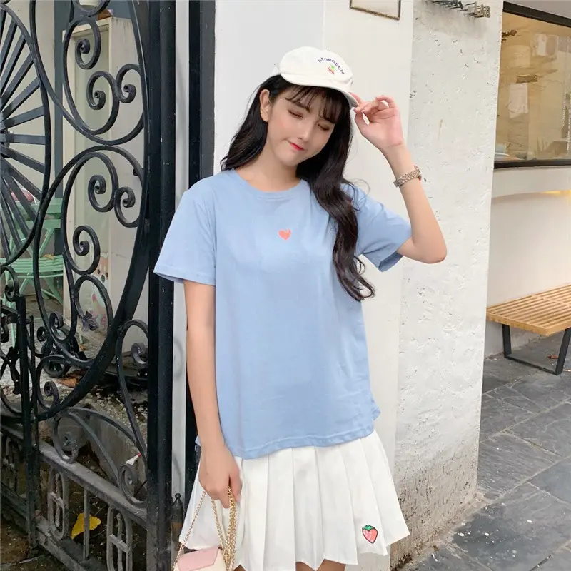 Women Heart Embroidered Light Blue T-Shirt Summer Loose Fit - Image 8