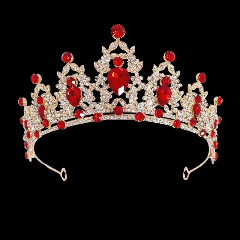 2025 Retro Bridal Crown Red Diamond Crown Headpiece Antique Queen Alloy Wedding Tiara - Image 5