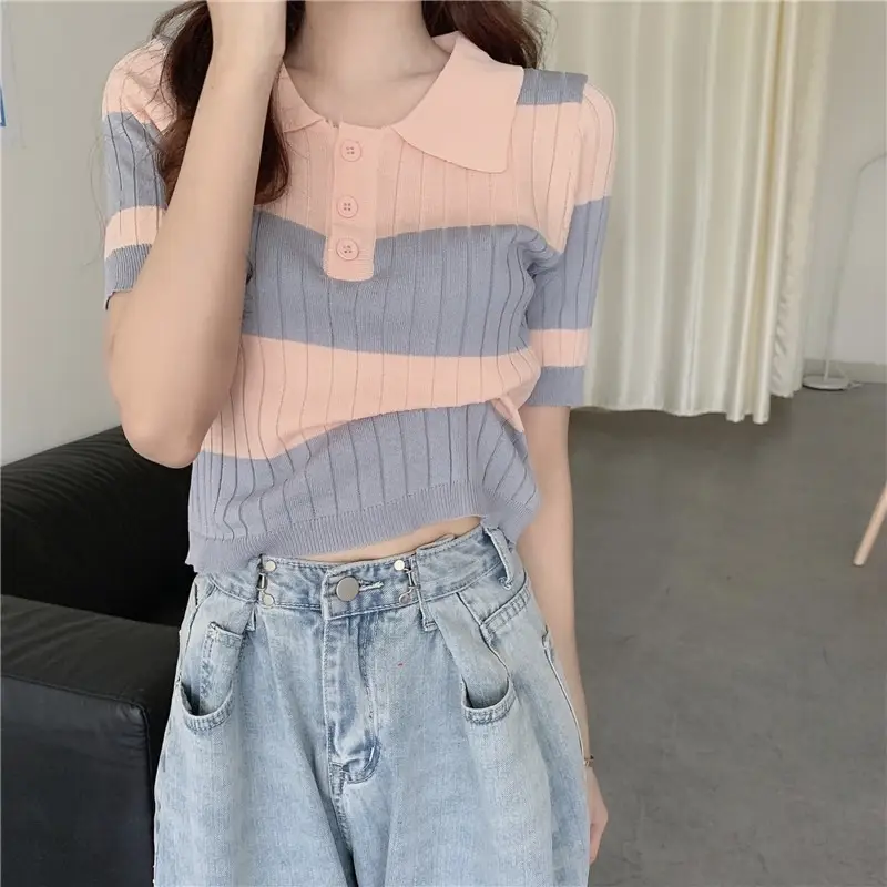 Women Retro Western Lapel T-Shirt Black White Striped - Image 3