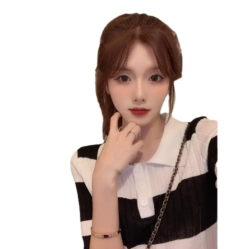 Women Retro Western Lapel T-Shirt Black White Striped - Image 6