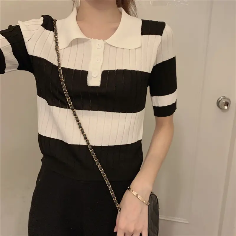 Women Retro Western Lapel T-Shirt Black White Striped — feature 10
