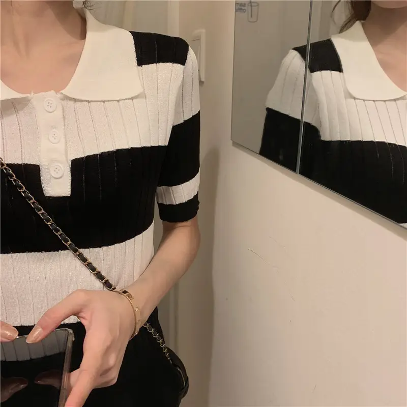 Women Retro Western Lapel T-Shirt Black White Striped — feature 11