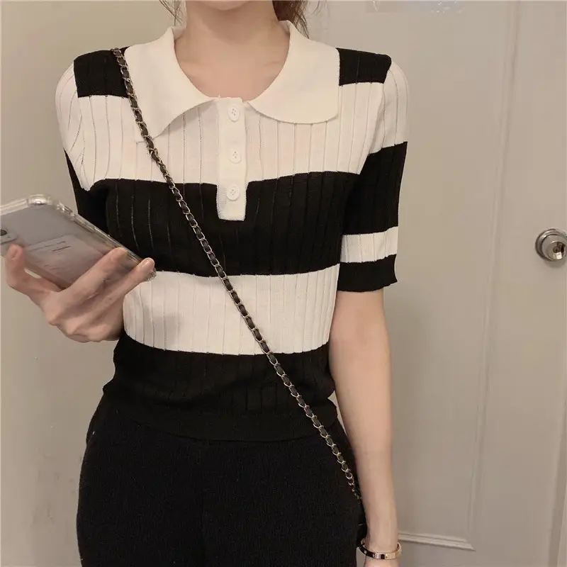 Women Retro Western Lapel T-Shirt Black White Striped — feature 15