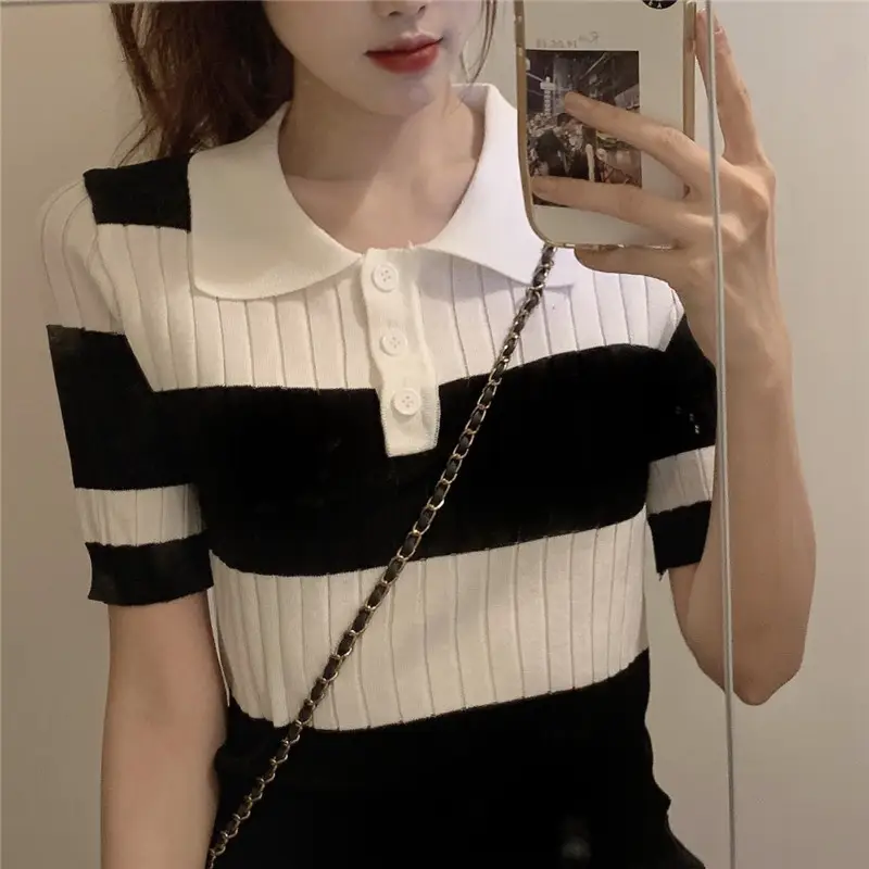 Women Retro Western Lapel T-Shirt Black White Striped — feature 18