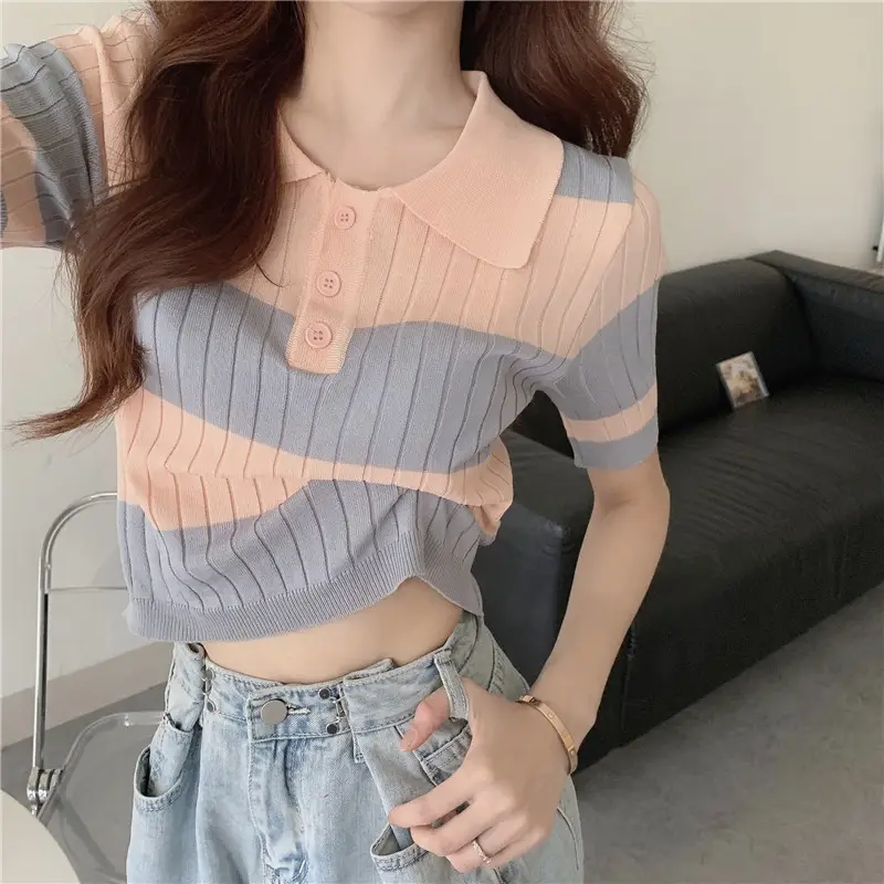 Women Retro Western Lapel T-Shirt Black White Striped — feature 19